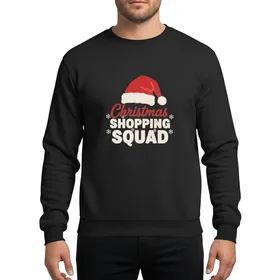 Holiday Shoppers' Distressed Red Santa Hat, Script 'Christmas,' Bold Off-White 'Shopping Squad' & Snowflake Graphic Sweatshirt
