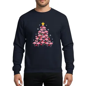 Holiday Bird Lovers' Whimsical Pink Flamingo Christmas Tree with Red Santa Hats, Holly, Yellow Star Sweatshirt