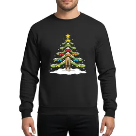 Snowboarders' & Skiers' Whimsical Ski Pole Christmas Tree Golden Star Bright Red Orange Blue Goggle Ornaments Sweatshirt