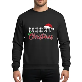 Women's Whimsical Black White Buffalo Plaid 'MERRY' Santa Hat & Red Script 'CHRISTMAS' Holly Design Sweatshirt