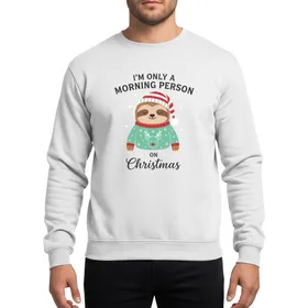 Christmas Lovers' Whimsical Sloth with Red Striped Cap, Mint Green Reindeer Sweater, Dark Grey 'Morning Person On Christmas' Script Text, White Stars Sweatshirt