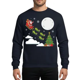 Holiday Enthusiasts Whimsical Santa Grasshopper Reindeer Sleigh, Vibrant Green Red Gold Festive Scene Sweatshirt