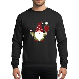 Festive Pickleball Lovers Gnome Dark Red Hat White Hearts Olive Green Tunic Pickleball Paddle Candy Cane Art Sweatshirt