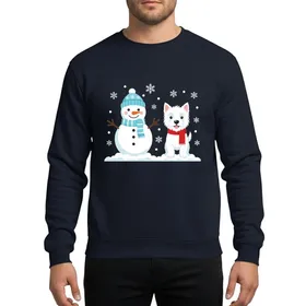 Westie Lovers' Whimsical White Westie Dog Blue Beanie Snowman Red Scarf Snowfall Art Sweatshirt