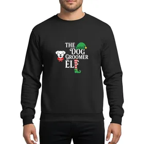 Dog Groomers' Whimsical Christmas Elf Hat Dog Face & Striped Elf Leg Graphic, Red Green White Yellow Sweatshirt