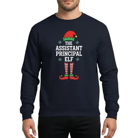 Assistant Principals' Whimsical Red Green Elf Hat Striped Legs White Stacked Text Festive Christmas Design Sweatshirt
