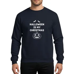 Womens White Hand-Drawn 'Halloween Is My Christmas' Typography Spooky Pumpkin Bat Silhouette Sweatshirt