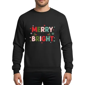 Christmas Enthusiasts' Vibrant Chunky MERRY & BRIGHT Typography, Red Green Pink Teal Holly Stars Snowflakes Sweatshirt