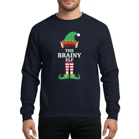 Whimsical Holiday Celebrants Green Elf Hat Golden Bells Red Band 'THE BRAINY ELF' White Text Red Striped Socks Green Elf Shoes Sweatshirt