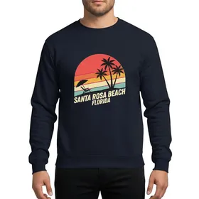 Vintage Beach Lovers' Distressed Faded Red Sunset Orange Blue-Green Stripe Black Palm Trees Santa Rosa Beach Florida Text Sweatshirt