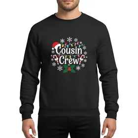 Holiday Family's Festive 'Cousin Crew' White Text, Santa Hat, Multicolored Lights, Snowflakes, Candy Canes, Holly Sweatshirt