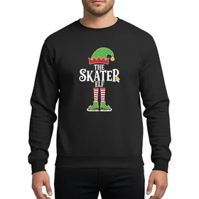 Family Christmas Whimsical Skater Elf Hat Ice Skates Red Green White Stripes Golden Bell Typography Sweatshirt