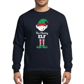 Festive Families' Vibrant Green Red White Flat Cartoon Chatty Elf Holiday Stripes Design Sweatshirt