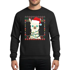 Festive Holiday Lovers' Santa Llama Tangled Multi-Color Christmas Lights Red Green Black Ugly Sweater Art Sweatshirt