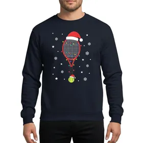 Tennis Player's Christmas Red Tennis Racket & Neon Ball with Santa Hats, Multi-Color Christmas Lights, White Snowflakes Black Sky Sweatshirt