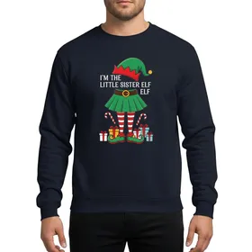 Christmas Family Little Sister I'M THE LITTLE SISTER ELF Whimsical Green Elf Hat Skirt Red White Stockings Presents Candy Canes Sweatshirt