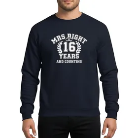Wife's White Black Outlined Varsity Collegiate 'Mrs Right 16 Years And Counting' Emblem with Rings Sweatshirt