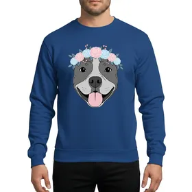 Pitbull Lovers' Happy Grey Pitbull Head Pastel Pink Blue Floral Crown Flat Art Sweatshirt