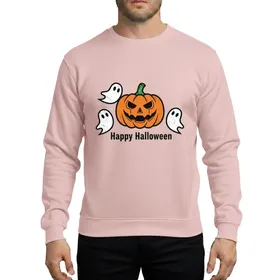 Halloween Gamers' Rustic Orange Jack-o'-Lantern, Green Stem, Playful White Ghosts, Distressed Black 'Happy Halloween' Flat Art Sweatshirt