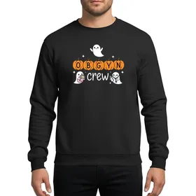 OBGYN Crew Halloween Whimsical Orange Pumpkins O B G Y N Letters Friendly Ghost Trio Baby Stethoscope Bottle Pink Blue Accents Cartoon Art Sweatshirt
