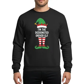 Family & Friends' Whimsical Elf Design with Festive Green Hat, Red Striped Legs, Gold Bells, and 'Designated Driver' Text Sweatshirt