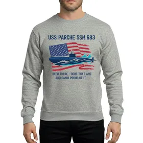 Proud Submarine Enthusiasts' Weathered White Stencil Text Distressed American Flag USS Parche SSN-683 Submarine Design Sweatshirt