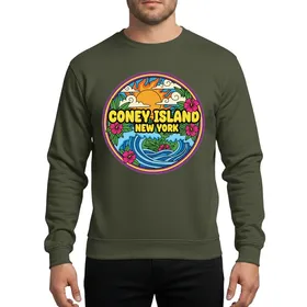 Coney Island Vacationers Vibrant Cartoon Design, Yellow Bubbly Text, Orange Sun, Blue Waves, Green Leaves & Pink Hibiscus Sweatshirt