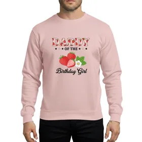 Fathers of Birthday Girls Bold Red Strawberry Patterned 'DADDY' with Elegant 'Birthday Girl' Script and Pink Stars Sweatshirt