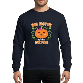 Big Sisters' Cheerful Flat Orange Pumpkin, Pink Polka Dot Bow, Green Vines, 'Big Sister of the Patch' Halloween Theme Sweatshirt