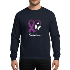 Empowerment Seekers' Bold Royal Purple Heart Ribbon, Integrated Loop, Ascending White Butterflies, Graceful 'Survivor' Script Sweatshirt