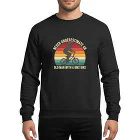 Vintage BMX Enthusiasts Retro Distressed Dark Red Orange Yellow Teal Cream Sunset Stripe BMX Rider Sweatshirt