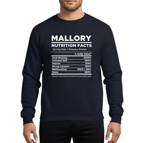 Women's Crisp White Typographic Nutrition Label Parody with Bold Sans-Serif Mallory Name & Attribute Lines Sweatshirt