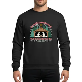 Faithful Christmas Celebrants' Rustic Nativity Deep Forest Green Red John 3:16 Flat Art Sweatshirt