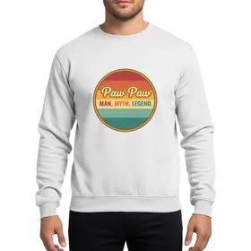 Grandfather Paw Paw Vintage Retro Muted Red Orange Yellow Teal Striped Circle 'Paw Paw Man Myth Legend' Emblem Sweatshirt