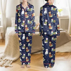 Cat Lovers' Whimsical Christmas Cats in Festive Sweaters, Santa Hats, Navy Blue, Red, Green, Yellow Star & Snowflake Pattern Satin Pajamas Set