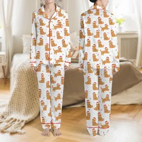 Golden Retriever Lovers' Seamless Flat Cartoon Golden Retrievers in Red Santa Hats & Multicolor Christmas Lights on White Background Satin Pajamas Set