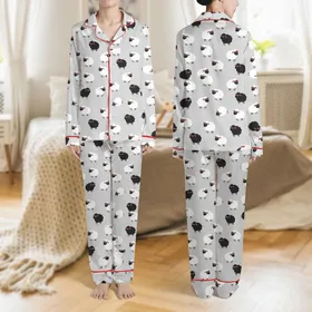 Sheep Lovers' Playful Cartoon Sheep Light Grey Scatter Pattern with Red Ear Accents Satin Pajamas Set
