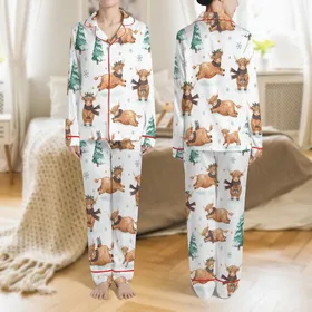Family Holiday Enthusiasts Whimsical Watercolor Highland Cow Festive Red Teal Plaid Snowflakes Satin Pajamas Set