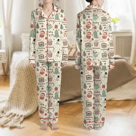 Women's Retro Christmas Tis The Season Whimsical Santa Snowmen & Holiday Phrases Pattern Satin Pajamas Set