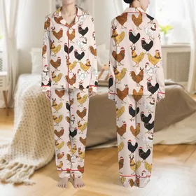 Family Christmas Enthusiasts' Whimsical Hand-Drawn Rooster & Hen Festive Red Green All-Over Blush Pink Satin Pajamas Set