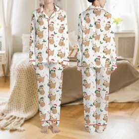 Sloth Lovers' Whimsical Christmas Sloths White Print with Red Santa Hats, Holly & Candy Canes Satin Pajamas Set