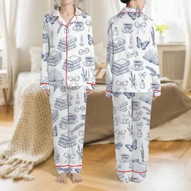 Literary Enthusiasts' Dark Indigo White Toile Etching Books Butterflies Coffee Quills Pattern Satin Pajamas Set