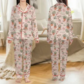 Book Lovers' Blush Pink Illustrative Potted Plants, Books, Coffee Mugs & Teal Chapter Notes Satin Pajamas Set