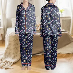 Galaxy Lovers' Whimsical Deep Navy Pattern: Astronaut Unicorns, Mint Green Planets, Pastel Stars Satin Pajamas Set