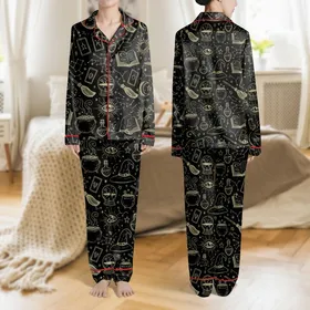Women's Black Pale Green Mystical Celestial Moon Star Spell Book Line Art Pattern Satin Pajamas Set