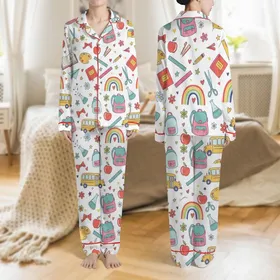 Educators & Students Whimsical Hand-Drawn Doodle School Items Pattern with Multi-Colored Rainbow & Vibrant Retro Palette Satin Pajamas Set