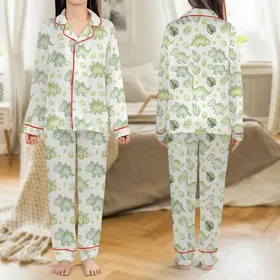 Women's Dinosaur Lovers' Whimsical Watercolor T-Rex Triceratops Mint Olive Green Tropical Leaf Pattern on White Satin Pajamas Set