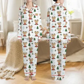 Women's Nostalgic Baby Reindeer Faces, Festive Red Bows, Green Trees, Pastel Snowflakes White Pattern Satin Pajamas Set