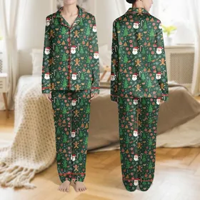 Family & Friends Deep Forest Green Festive Gingerbread Santa Snowflake Candy Vector Pattern Satin Pajamas Set