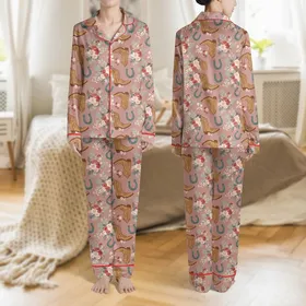 Cowgirl Style Lovers' Dusty Rose Pink Vintage Cowgirl Boots, Teal Horseshoes & Wildflower Pattern Satin Pajamas Set